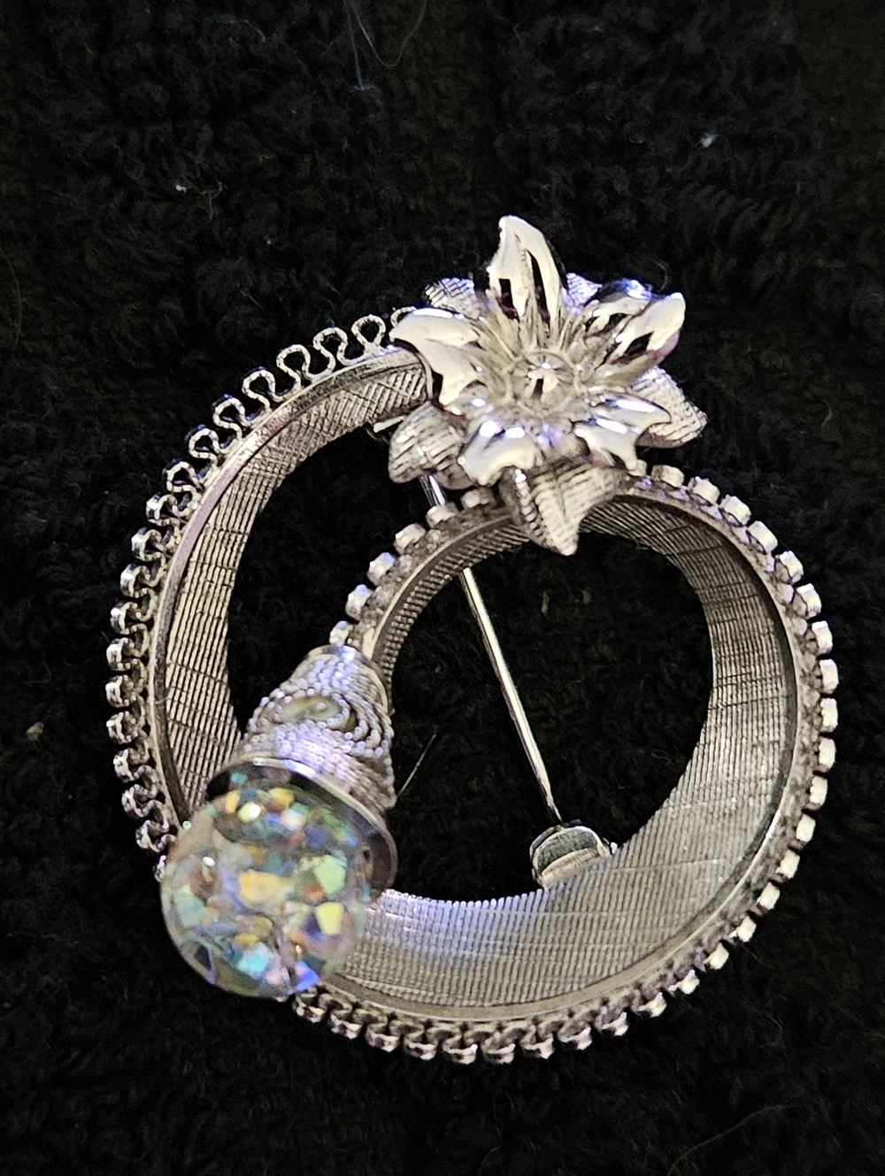 Vintage Silver Floral Circle Brooch with Iridescent Accent